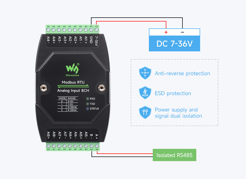 Waveshare Industrial 8-Ch Analog Acquisition Module, 12-bit High-precision, Supports Voltage And Current Acquisition Waveshare Industrial 8-Ch Analog Acquisition Module, 12-bit High-precision, Supports Voltage And Current Acquisition